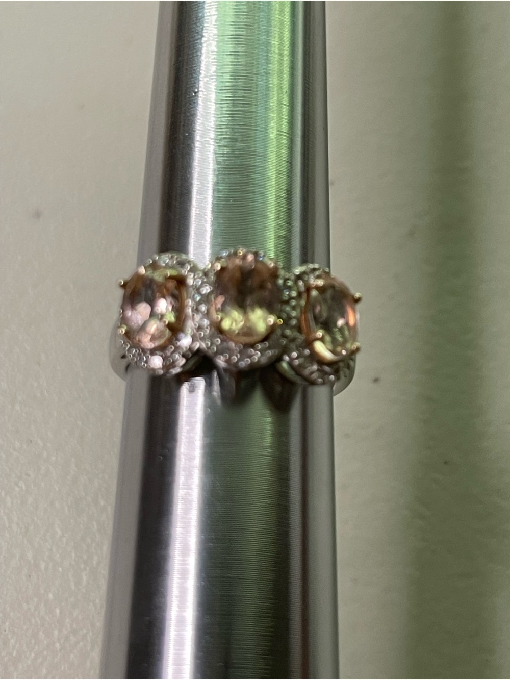 Three-Stone Oval Morganite and Diamond Halo Ring - Pink Morganite - Picture 5 of 5
